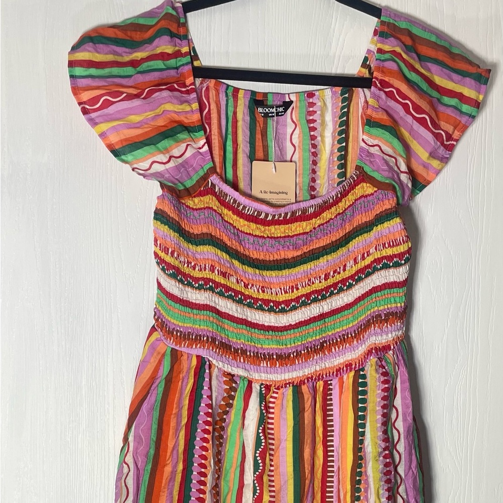BloomChic Striped Smocked Maxi Dress in Pink, Orange & Green